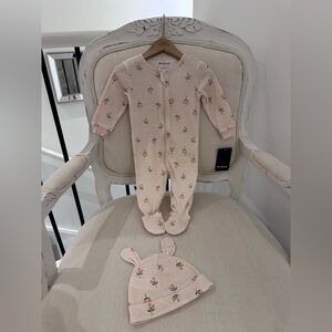 🦢 6 Mth Petit Lem Tulip & Ribbons Floral Pink Kids One Piece Footie with Hat NWT